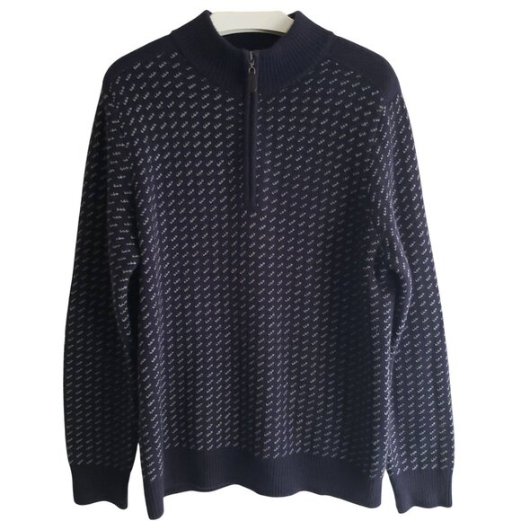 LL Bean Wool Cashmere Sweater L Mens Navy Patterned 1/4 Zip Pullover - Picture 1 of 12
